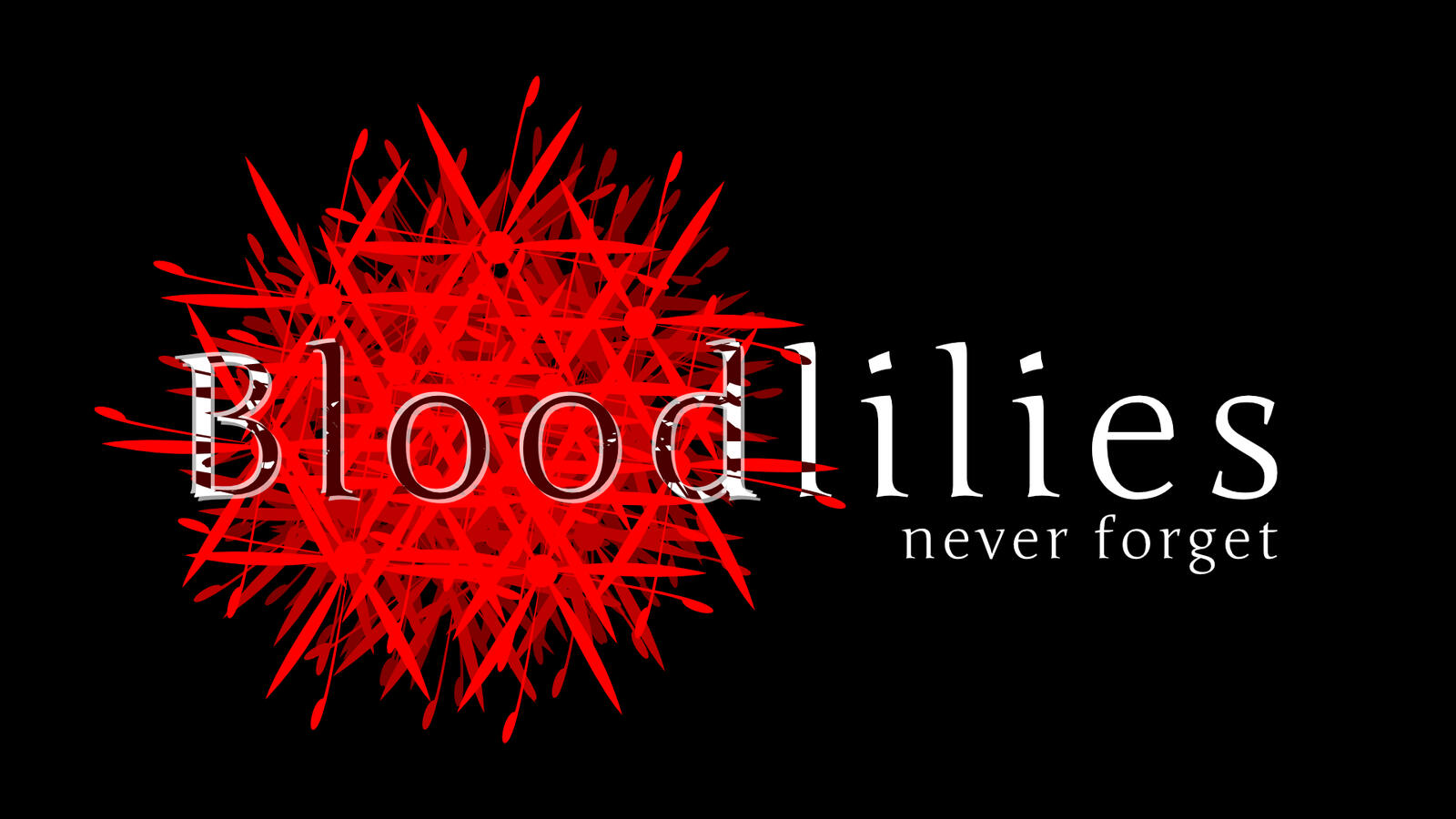 A logo done in a black background with a serif font in white, accented by a red vectorized blood lily that reads "Bloodlilies Never Forget" in a variety of sizes.