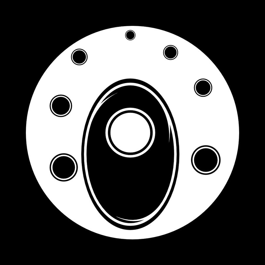 An abstract vector design done in white and black that looks vaguely like a the loading end of a revolver cylinder.