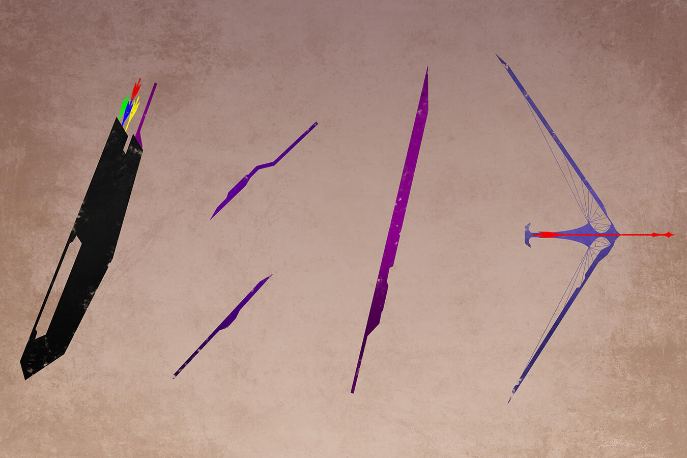 A vector drawing on a worn brown background featuring variations of a multicolored weapon that features bow and blade configurations as well as a holster for the bow's arrows.