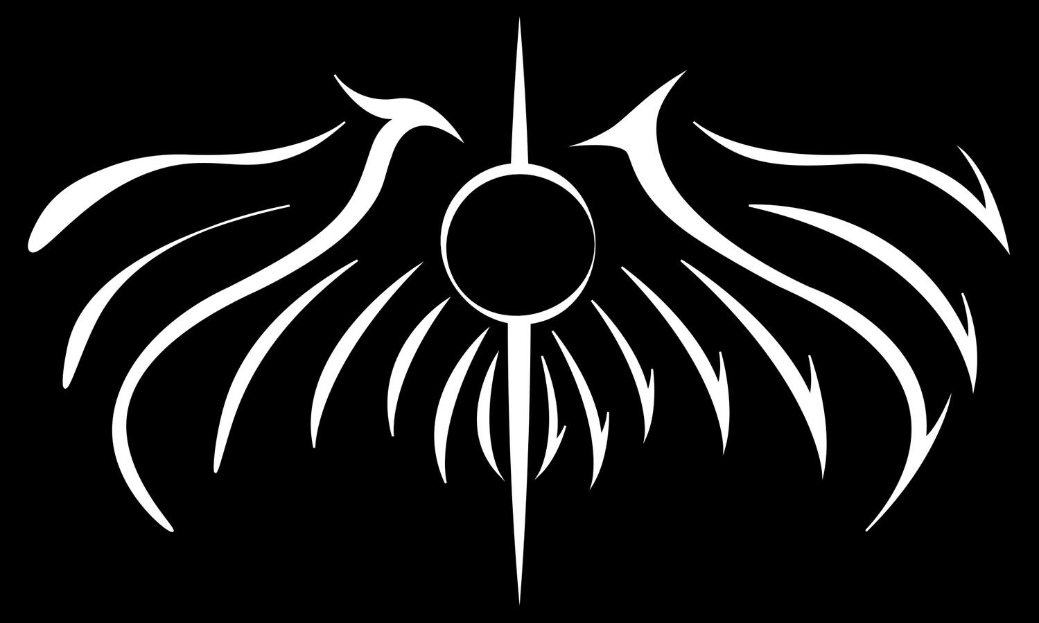 A vector design done in white on a black background depicting wings of opposing styles with a pin-like center featuring an open circle. The components of the design represent the Mother, Maiden and Crone.