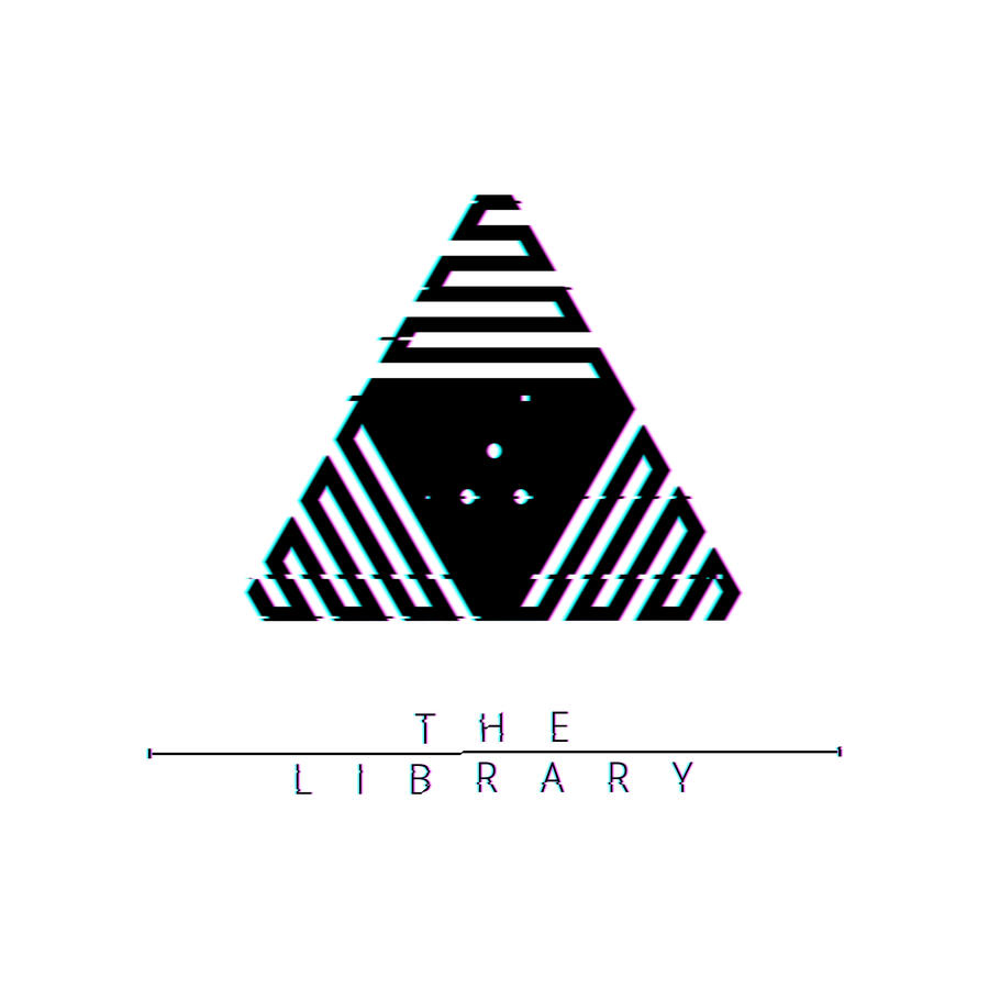 A black vector design on white featuring a triangular design with three knockout dots in the center that are formed in a triangular pattern. Below the design, a title card reads "THE LIBRARY" and the whole of the design is digitally distorted.