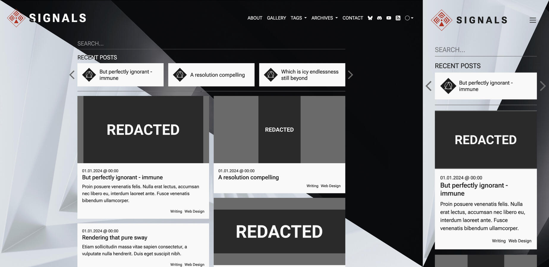 A geometric desktop and mobile design for a website that uses monochromatic tones with splashes of red to create a brutalist appeal with a minimalist overtone. The image features light and dark modes in it to illustrate the accessibility of the website.
