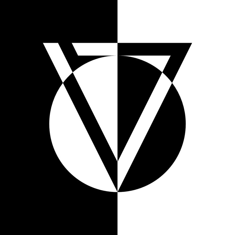 A vector design done in black and white featuring an open outline of a triangle that is upside down inside of a contrasting circle.