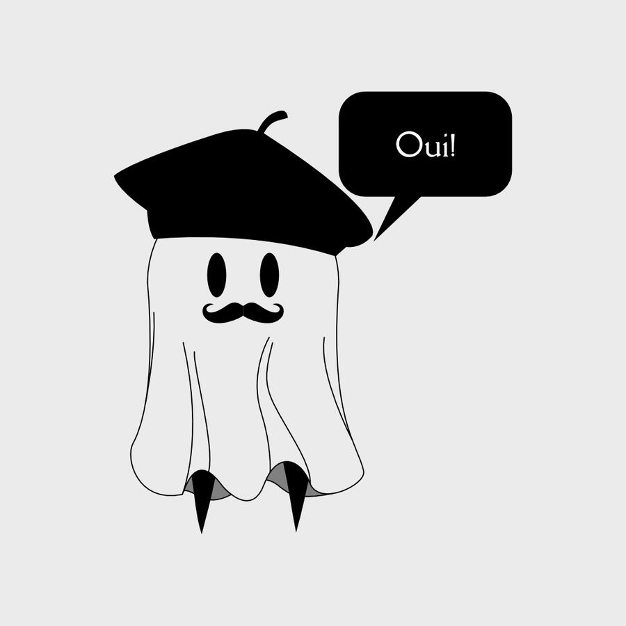A familiar looking sheet ghost with a little mustache and beret saying "Oui!" in a text bubble with a black background and white text.