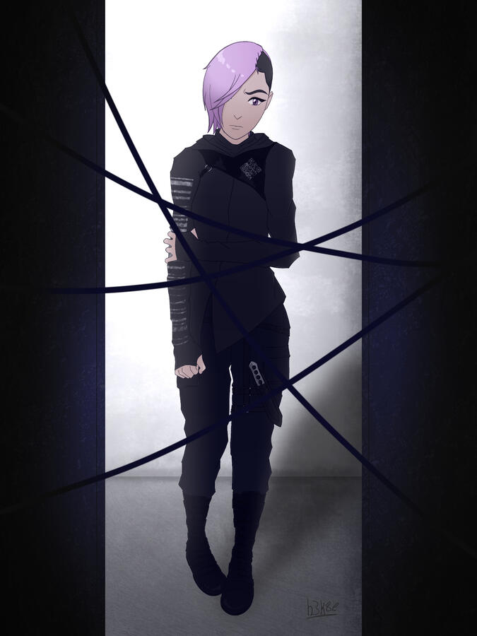 A portrait of a woman clad in dark clothing bearing barcodes on them with dyed pink half-shaved hair looking out into a dark room with wires crisscrossing in front of her, the mood seeming tense.