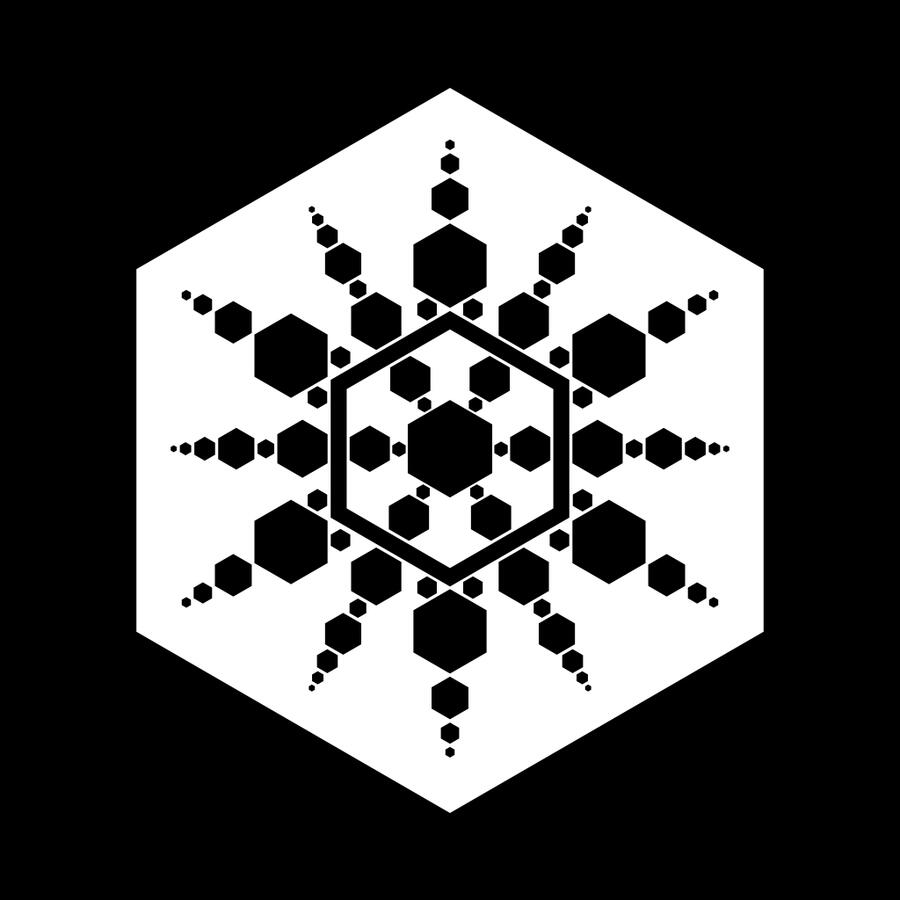 A vector design of a very geometric black snowflake caste inside of a white hexagonal prison on a black background.